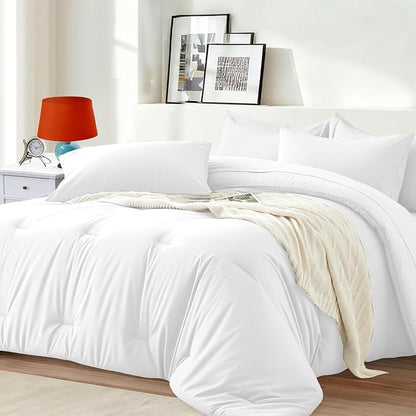 Oversized Queen Comforter Set 7 Pieces - Ultra-Soft Bed in a Bag, Cozy Luxury All Season Bedding Sets with Comforter, Flat Sheet, Fitted Sheet, 2 Pillow Shams & 2 Pillowcases, White