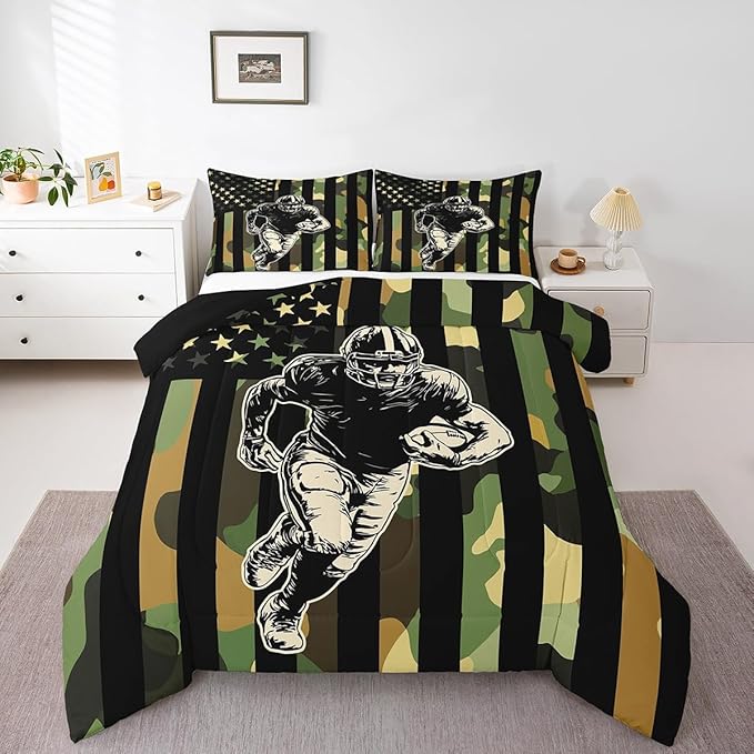Feelyou Rugby Comforter Set Toddler Size Football Player Comforter for Boys Girls Teens Camo Bedding Set American Flag Duvet Set Room Decor Camouflage Quilt Set