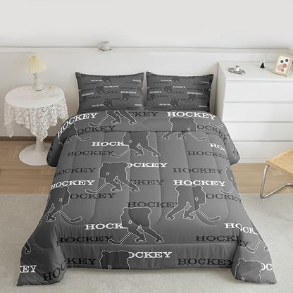 Hockey Players Kids Bedding Set King Size, Comforter Set,Ball Activity Game Quilt Comforter,Gray Bedroom Duvet Insert,2 Pillowcases