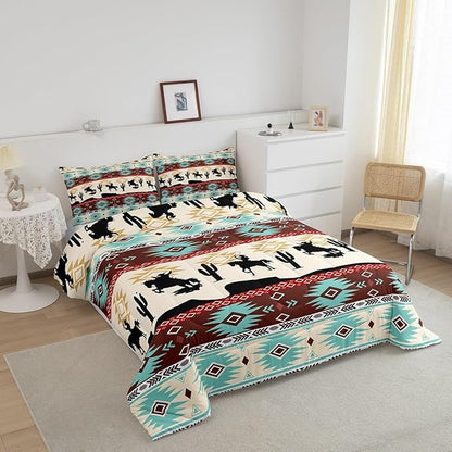Feelyou Boho Comforter Set Toddler Size Horses Comforter Southwestern Native Aztec Bedding Set Farmhouse Wildlife Duvet Set Room Decor Beige Blue Quilt Set