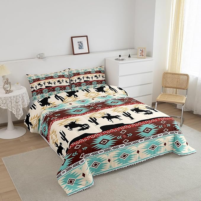 Feelyou Boho Comforter Set Full Size Horses Comforter Southwestern Native Aztec Bedding Set Farmhouse Wildlife Duvet Set Room Decor Beige Blue Quilt Set