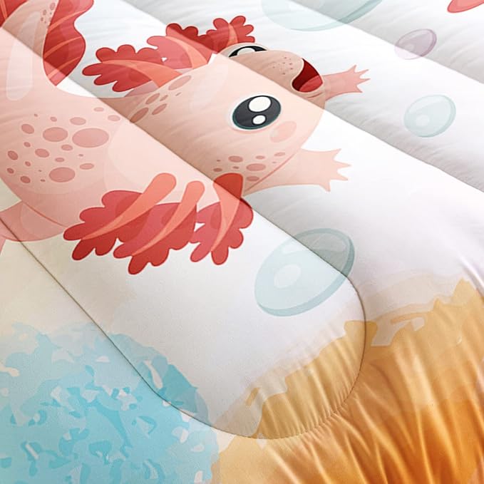 HOSIMA Cute Cartoon Axolotl Comforter Set for Kids Bedroom Decor, Colorful Background Kawaii Bedding Queen Size with 2 Pillowcases.