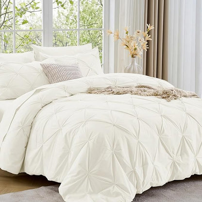Sasttie King Size Comforter Set, 7-Piece Bed in a Bag, Pintuck Bedding Set for All Season, Includes Comforter, Flat Sheet, Fitted Sheet, Pillowcases and Pillowshams, Ivory