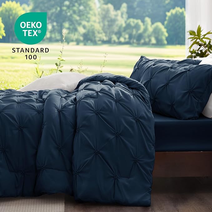 BEDELITE Navy King Size Comforter Set - 3 Pieces Boho Pintuck Bedding Comforter Sets, Lightweight Soft & Warm King Bedding Set with 2 Pillowcases for All Season
