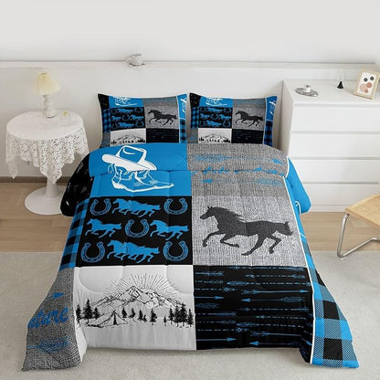 Erosebridal Horse Quilt for Teens, Western Cowboys Cowgirls Comforter Set King, Vintage Riding Boots Farm Animal Bedding Set Rustic Southwestern Horseshoe Duvet Sets Cabin Lodge Room Decor, Blue