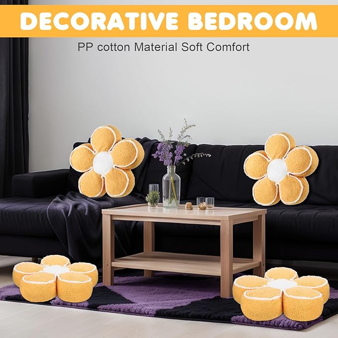 Menkxi 2 Pack Flower Pillows Cute Flower Shaped Pillows Daisy Pillow Throw Soft Floor Cushion for Living Room Bedroom Sofa Couch Winter Warm Decoration 15.7 Inch(Yellow)