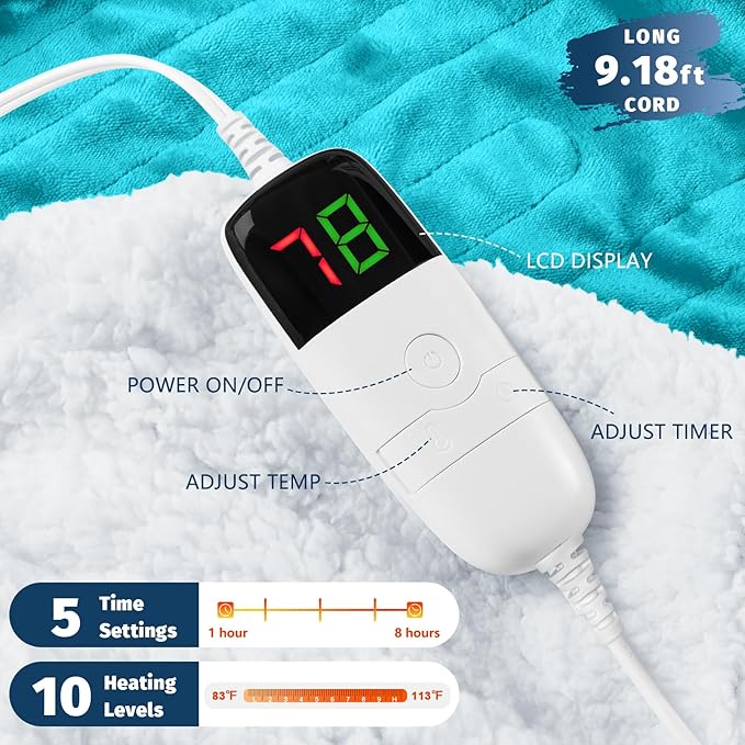 BOMOVA Heated Electric Blanket Twin - 62" x 84" Heating Blanket with 10 Heating Levels & 8 Hours Auto Off, Warm Flannel Blanket, Christmas Birthday Gifts for Women