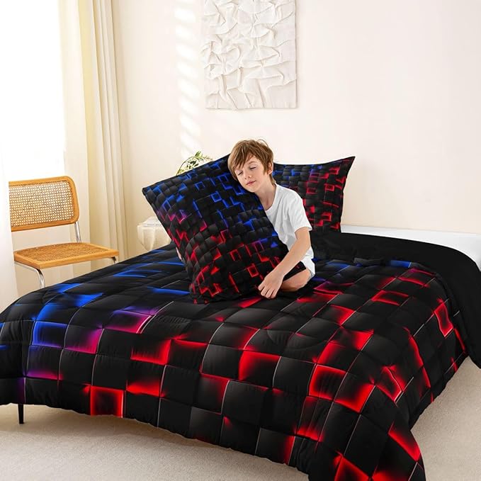 Erosebridal Geometric Checkered Boys Bedding Set Queen Size Neon Red Blue Comforter Set for Kids Teen Men Gamer Room Decor,Abstract Ombre Plaid Comforter Grids Quilt Duvet Black