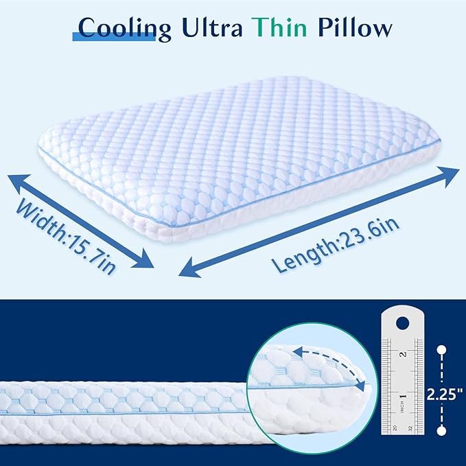 Flat Pillows for Sleeping Thin Memory Foam Pillows for Stomach and Back Sleepers, Cooling Gel Stomach Sleeping Pillow for Hot Sleepers, Low Memory Foam Pillow for Back Sleeper 2 Pack 2.25-Inches