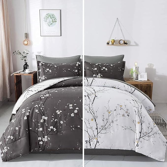 WONGS BEDDING 7 Pieces Bed in a Bag King, Floral Reversible Comforter Set Flower Plum Bedding Set King Size（1 Comforter,2 Pillowcase,2 Pillow Shams,1 Flat Sheet,1 Fitted Sheet）