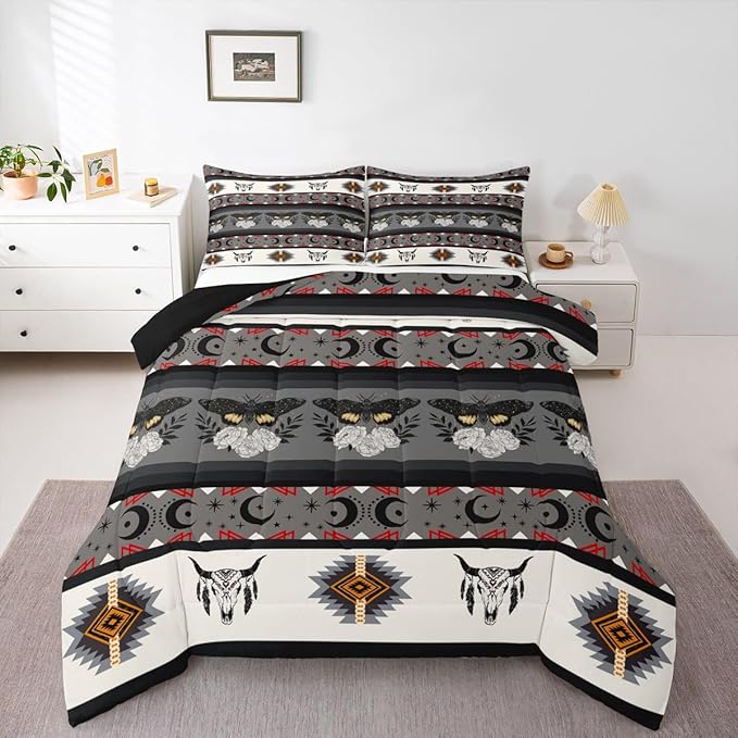 Erosebridal Bull Skull Quilt Boho Moth Tribal Bedding Set for Kids Child Boys Girls,Exotic Sun and Moon Comforter Set Geometric Aztec Decor Western Duvet Insert Twin,Bohemian Room Decor Grey