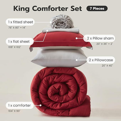 Joiedomi King Size Comforter Set with Sheets Red, 7 Pieces King Bedding Set with 1 Down Alternative Comforter, 1 Flat Sheet, 1 Fitted Sheet, 2 Pillowcases and 2 Pillow Shams, Bed in a Bag All Seasons