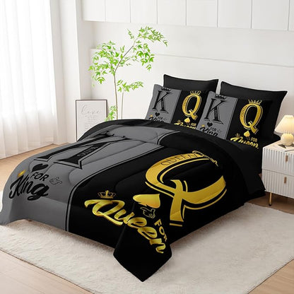 King and Queen Crown Comforter Set Black and Gray Couple Bedding Set，7Pcs Mr Mrs Comforter Set for Adults Men Women,Light Couple Bedding Set 7 Piece in A Bag,Bed Sheet Set Decor Full
