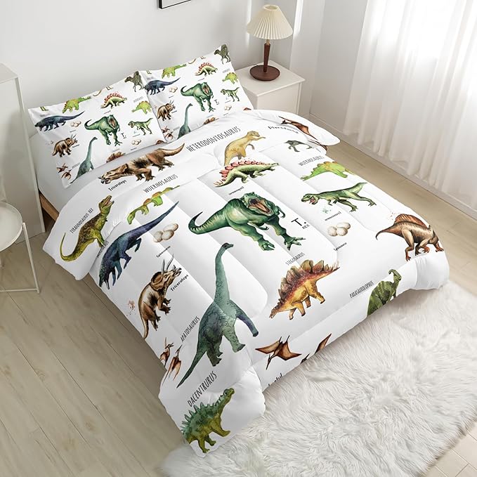 Dinosaur Comforter Set for Kids Teens and Adults Twin Size，Dinosaur Printed Quilt Set for Bedroom Soft Microfiber All Season Print Quilt Set with 1 Comforter and 2 Pillow Case
