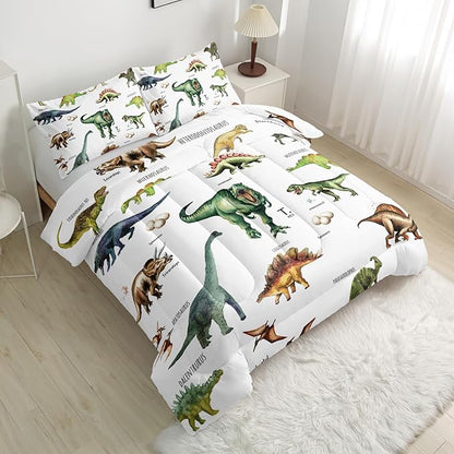 Dinosaur Comforter Set for Kids Teens and Adults King Size，Dinosaur Printed Quilt Set for Bedroom Soft Microfiber All Season Print Quilt Set with 1 Comforter and 2 Pillow Case