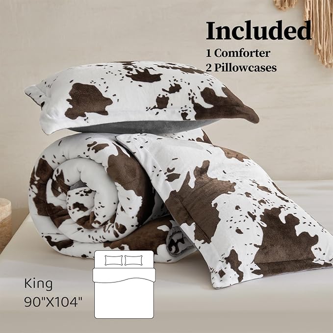 Petrichor Velvet Flannel King Comforter Set- Cow Print Western Style Blanket,Luxury Fuzzy Heavy Bedding Set, 3 Pieces Plush Winter Bed Set with Comforter (90"x104") & 2 Pillow Shams (20"x36"