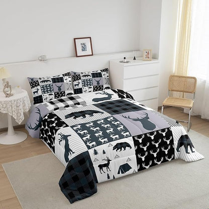 Feelyou Rustic Deer Bear Comforter Set Full, Camping Hunting Comforter Set for Kids Western Farmhouse Comforter Bear Antler Silhouette Duvet Set Breathable Quilt Set 3Pcs