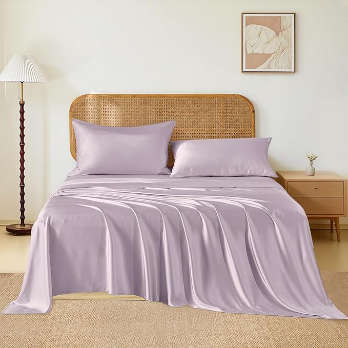 THXSILK Luxury Mulberry Silk Bed Sheets Set - 4pcs Silk Sheets Set 16" Deep Pocket - 1 Flat Sheet, 1 Fitted Sheet, 2 Pillowcases with Zipper Closure - Queen, Light Purple