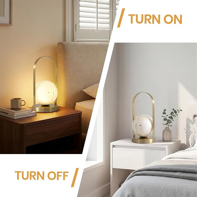 Portable Rechargeable Table Lamp with Marble Pattern Glass Shade – Gold Plated Metal Frame, Cordless LED Desk Light for Bedroom, Nursery, Camping