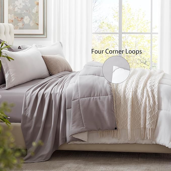 Anluoer King Size Bed in a Bag 7 Pieces, White Comforter Set with Sheets, All Season Bedding Sets with 1 Comforter, 2 Pillow Shams, 2 Pillowcases, 1 Flat Sheet, 1 Fitted Sheet