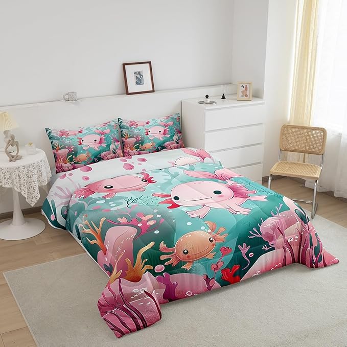 Cute Axolotl Kids Bedding Sets Toddler Size, Pink Kawaii Animal Ocean Sealife Comforter Set Bedroom Decor, Cartoon Lovely Coral Undersea Quilt Set Soft Duvet Insert,1 Pillowcase