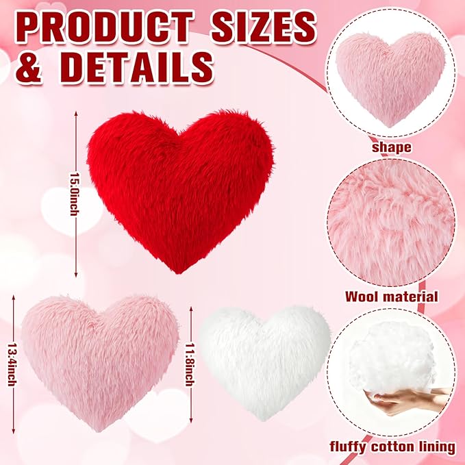 Bucherry 3 Pcs Valentine's Day Heart Throw Pillows, Red White Pink Heart Pillow Soft Decorative Back Cushion for Girls Women Bed Sofa Valentines Wedding Gifts Home Decor(Fluffy Plush,Without Ruffed)