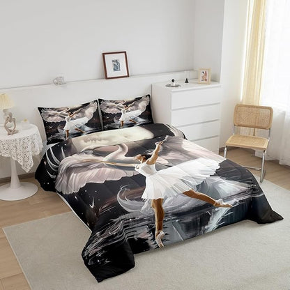 Ballet Dancer Toddler Bedding Set for Adults,Elegant White Swan Dancing Comforter Set Bed Set KidsBedroom Decor,Dreamy Moon Night 2 Pieces Quilt Set,Ballet Lover Duvet Insert,1 Pillow Case