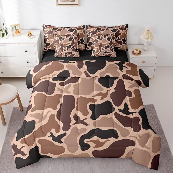 Erosebridal Duck Huner 7 Piece Bedding Set King Camo Comforter Set with Sheets Rustic Hunting Army Bed in a Bag Woodland Camouflage Military Bed Sets Comforter