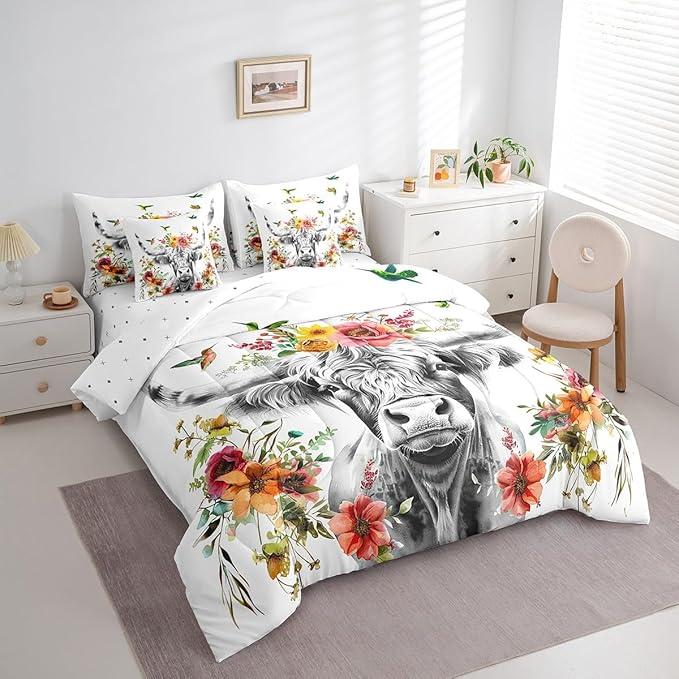 Erosebridal Highland Cow Floral Comforter Set 7 Piece King Size Bull Cattle Flower Bed in a Bag Wildlife Farmhouse Cow Quilt Set Hummingbird Sheet Set Soft Reversible All Season White Bedding Set
