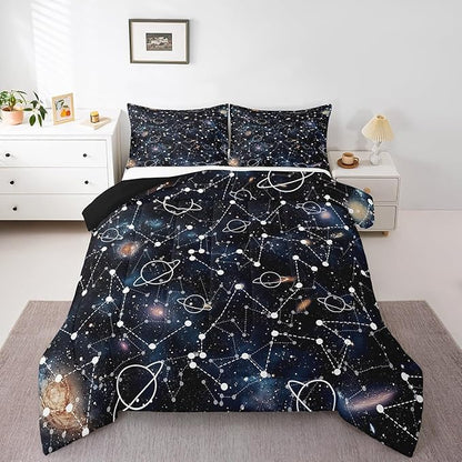 Erosebridal Starry Sky Comforter Set King Size Constellation Bedding Set Galaxy Sun Moon Down Comforter Purple Universe Print Bedroom Decor Quilt Set for Kid Men Women