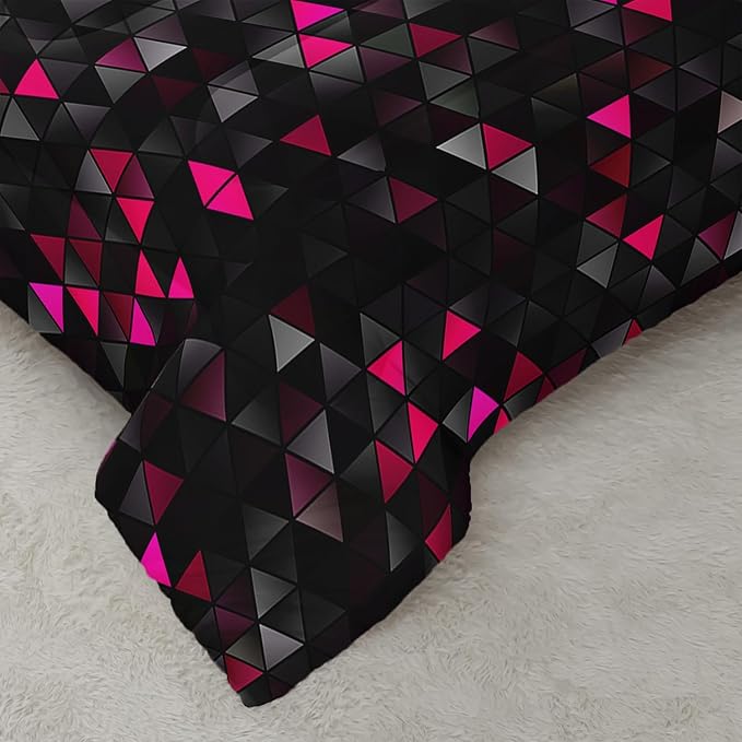 Geometric Pink Black Comforter Set,Triangle Honeycomb 3 PCS Bedding Set Twin Size for Teen Adult,Modern Quilt Set Geometry Decor,Microfiber Lightweight 1 Comforter 2 Pillowcases