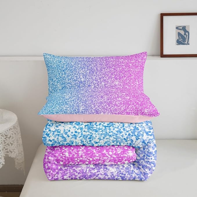 Colorful Glitter Bedding Queen Girly Turquoise Teal Blue Pink Pastel Girls Comforter Set 3 Pcs Trendy Quilt Duvet for Kid Women Down Comforter with Sparkle Sequin Pattern Bling Bedroom Decor Bed Cover