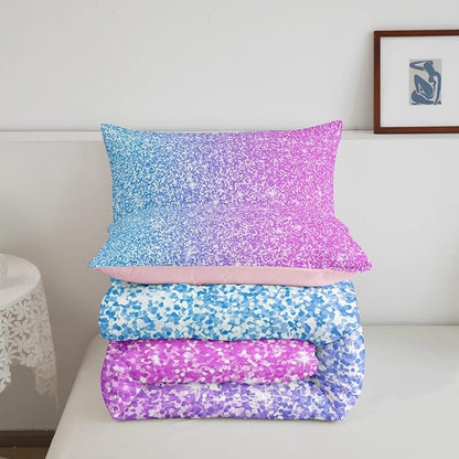 Colorful Glitter Bedding Queen Girly Turquoise Teal Blue Pink Pastel Girls Comforter Set 3 Pcs Trendy Quilt Duvet for Kid Women Down Comforter with Sparkle Sequin Pattern Bling Bedroom Decor Bed Cover