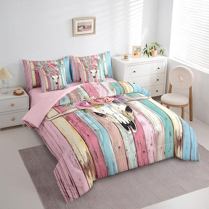 Erosebridal Bull Skull 7 Piece Comforter Set Queen Girly Pink Cowgirls Bedding Sets Sugar Skull Rose Flowers Bed in A Bag Animals Skeleton Floral Quilt Rustic Farmhouse Wooden Board Sheet Set
