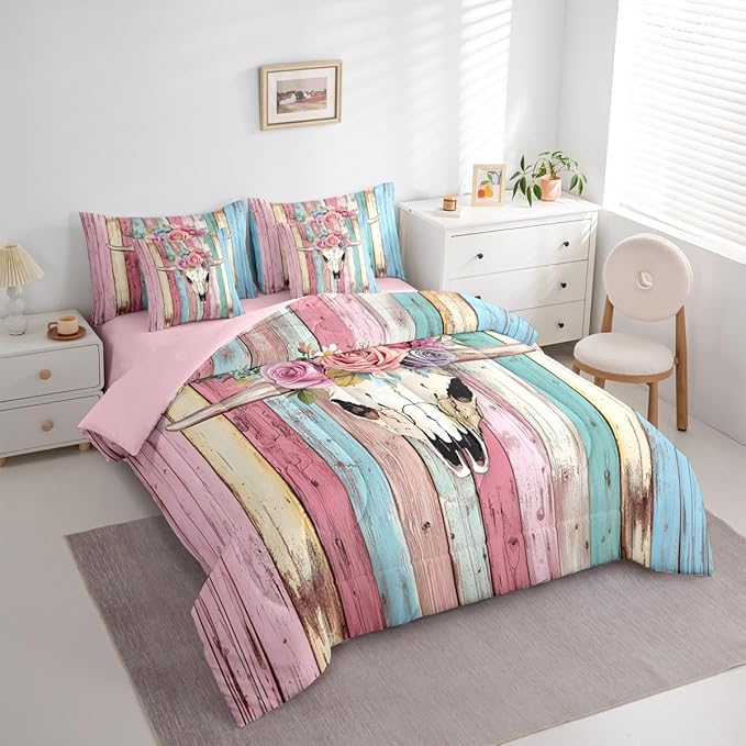 Erosebridal Bull Skull 7 Piece Comforter Set King Girly Pink Cowgirls Bedding Sets Sugar Skull Rose Flowers Bed in A Bag Animals Skeleton Floral Quilt Rustic Farmhouse Wooden Board Sheet Set
