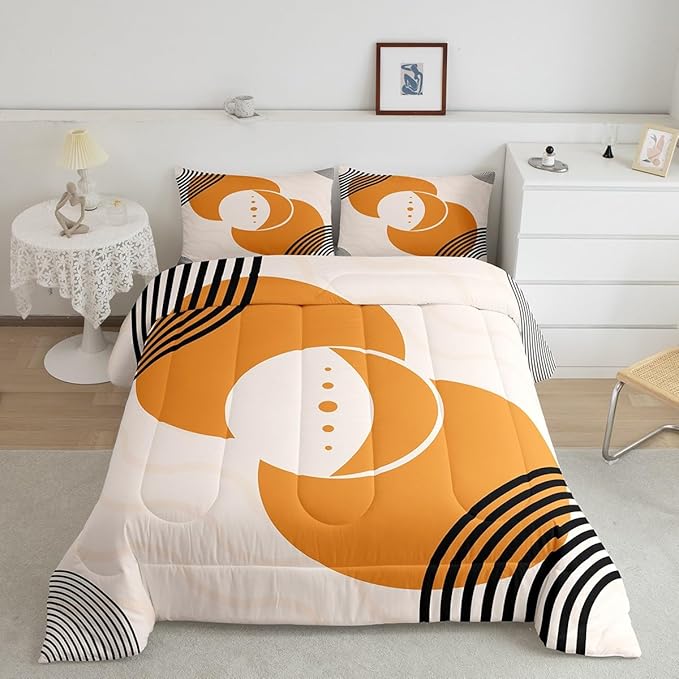Erosebridal Orange Minimalist Comforter Set Queen Mid Century Bedding Set, Geometric Circle Bedding Comforter Sets Black Creamy White Aesthetic Duvet Sets, Modern Quilted Comforter Microfiber 3 Pieces