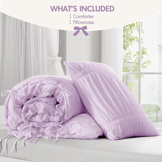 Intelligent Design Twin Comforter Set Ruched Shabby Chic Comforters for Twin Size Bed, All Season Lightweight Purple Ruffle French Country Bedding Set, Sham, Ella, Twin/Twin XL, Lavender 2 Piece