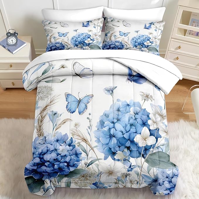 Nesker 7 Pcs Spring Comforter Set Queen Size, Blue Hydrangea Floral Bedding Set for Kids and Adults, White Flower Bed Sheet Sets with Fitted Sheet 2 Pillowcases & 2 Shams