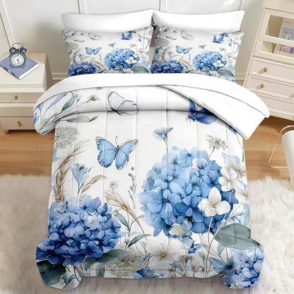 Nesker 5 Pcs Spring Comforter Set Twin Size, Blue Hydrangea Bedding Set for Kids and Adults, White Floral Bed Sheet Sets with Fitted Sheet Pillowcase & Sham