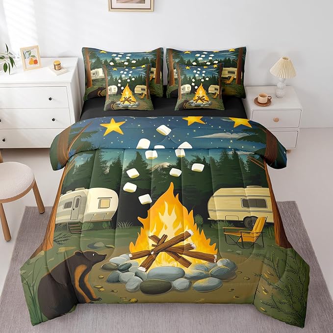 Erosebridal Rv Camper Twin Bedding Set, Happy Camping Bed in A Bag,Wild Campfire Comforter Sets with Sheets, Rustic Starry Night 7 Pieces Bed Set Bedroom Decor