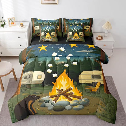 Erosebridal Rv Camper Full Bedding Set, Happy Camping Bed in A Bag,Wild Campfire Comforter Sets with Sheets, Rustic Starry Night 7 Pieces Bed Set Bedroom Decor