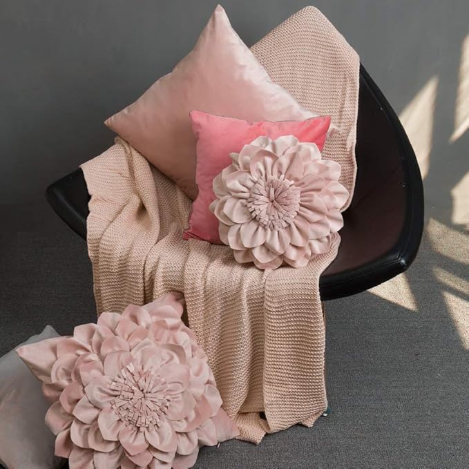 Decorative Throw Pillow 3D Flower Round Pillow Accent Handmade Cushion with Insert for Couch Bed Home Decor 12 Inch (12 inch, Rose Gold)