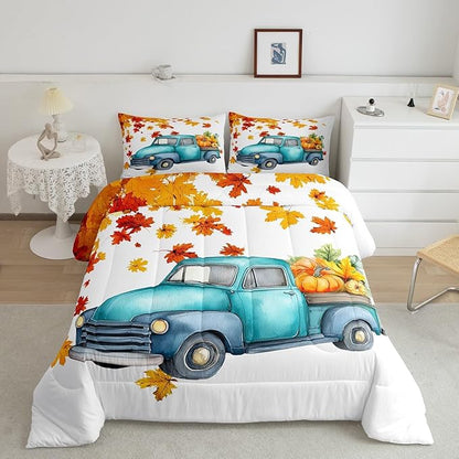 Pumpkin Truck Bedding Set Fall Thanksgiving Harvest Seasonal Comforter Set King Autumn Maple Leaf Bed Comforter Set Farmhouse Home Room Decor Watercolor Quilt Duvet Orange White 2 Pillow Cases