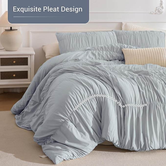 Lady Ann Queen Comforter Set Light Blue Ruched Bedding Comforter Sets for Bedroom, Ultra Soft Ruffle Fluffy Queen Size Shabby and Chic Bed Sets, 3PCS