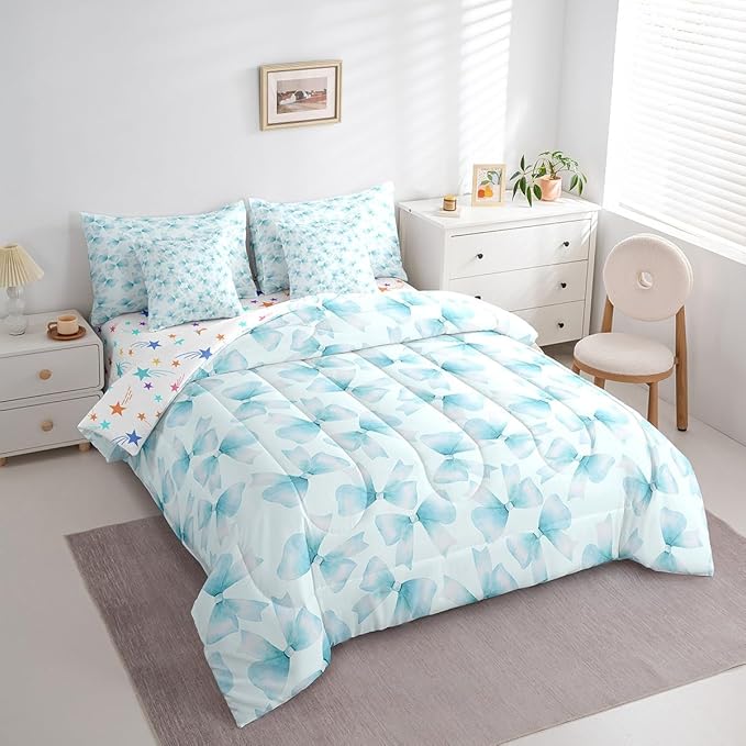 Feelyou Blue Bow Comforter Set with Sheets Full Size Kids Bowknot 7 Pieces Bedding Set for Boys Girls Teens Gift for Girls Women Bed in a Bag Breathable Princess Décor Bed Set