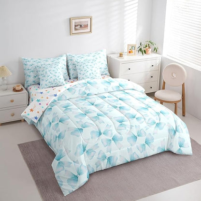 Feelyou Blue Bow Comforter Set with Sheets King Size Kids Bowknot 7 Pieces Bedding Set for Boys Girls Teens Gift for Girls Women Bed in a Bag Breathable Princess Décor Bed Set