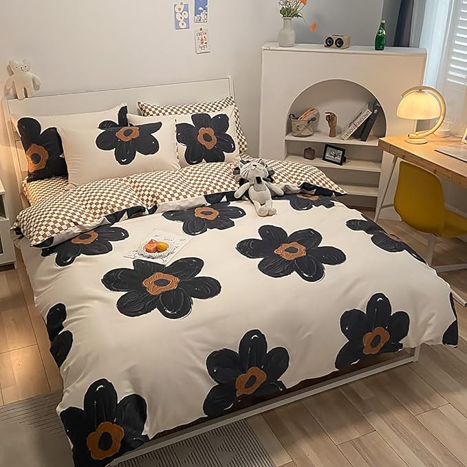 Luxlovery Black Floral Comforter Set Full Black White Sunflower Bedding Set Women Girls Cute Chic Boho Botanical Quilts 3 Piece Beige Bedding Set for Full Bed