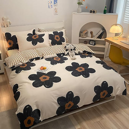 Luxlovery Floral Comforter Set California King Black and White Botanical Bedding Comforter Set Full Cute Chic Sunflower Pattern Blanket Quilts Women Girls 3 Piece Floral Bedding Set for Cal King Bed