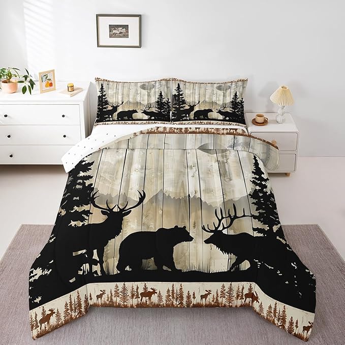 Feelyou Western Rustic Bear Deer Elk Comforter Set, Wooden Farmhouse Bedding Full, Hunting Wild Animal Quilt Forest Wildlife Hunting Bedding Comforter Sets Kids Boys Teens Adult Men Bedroom Decor