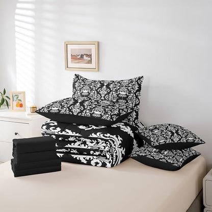 Erosebridal Gothic Skull Comforter Set 7 Piece Bed in a Bag Twin,Black White Damask Bohemian Vintage Flowers Bedding Set,Goth Skeleton Sheet Set,Exotic Boho Floral Crown Victorian Antique Decor